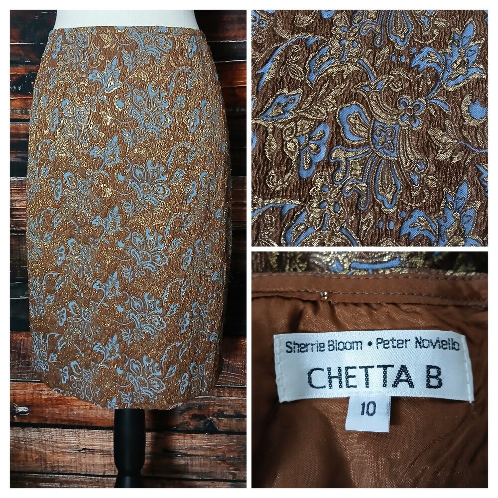 Chetta B Vintage 80s Pencil Skirt 10 Metallic Brocade Zip Made in USA